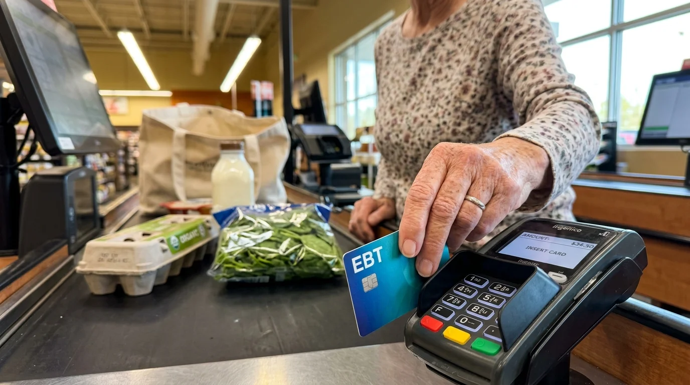 A close-up documentary-style photo of a senior's hands using an EBT card at a grocery store checkout lane.