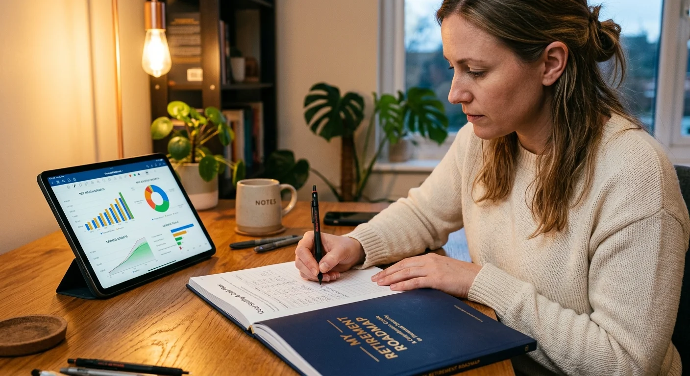 A close-up of a person filling out a physical retirement planning workbook next to a tablet showing financial charts.