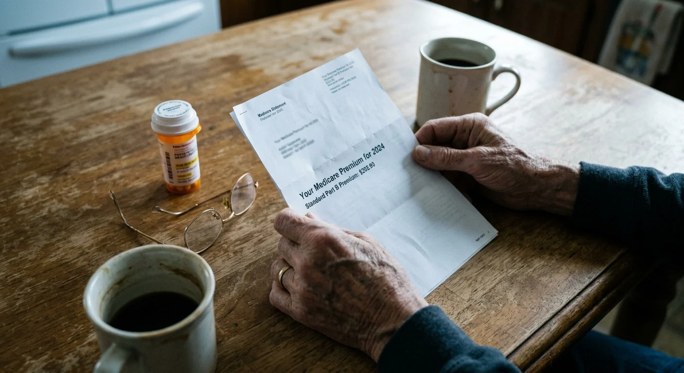 A close-up of a senior's hands holding a Medicare statement showing the $202.90 Part B premium on a kitchen table.
