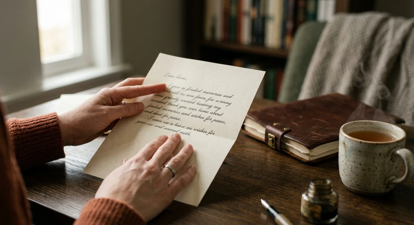 A close-up of hands folding a handwritten letter on a wooden desk, representing personal final instructions.
