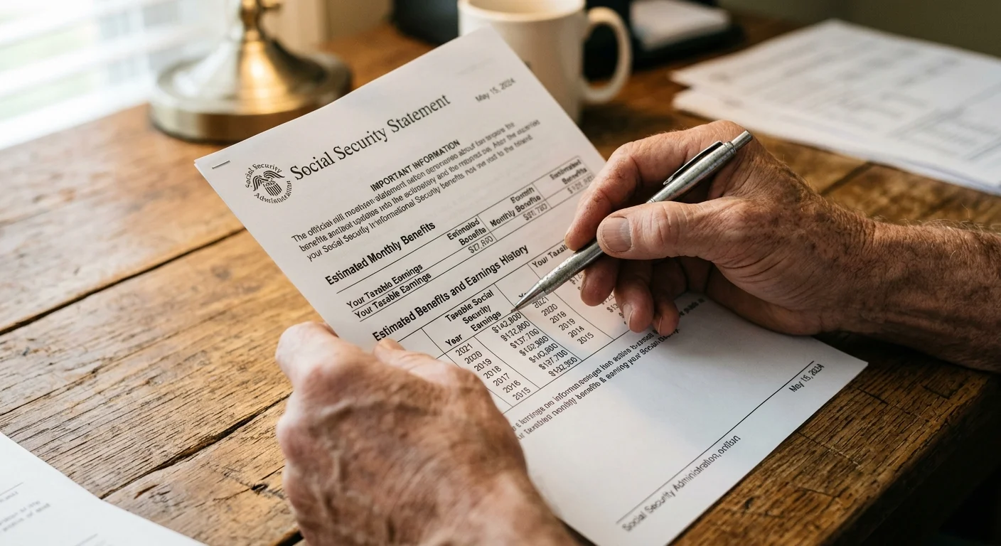 A close-up of mature hands pointing a pen at a column of earnings on a paper Social Security Statement.