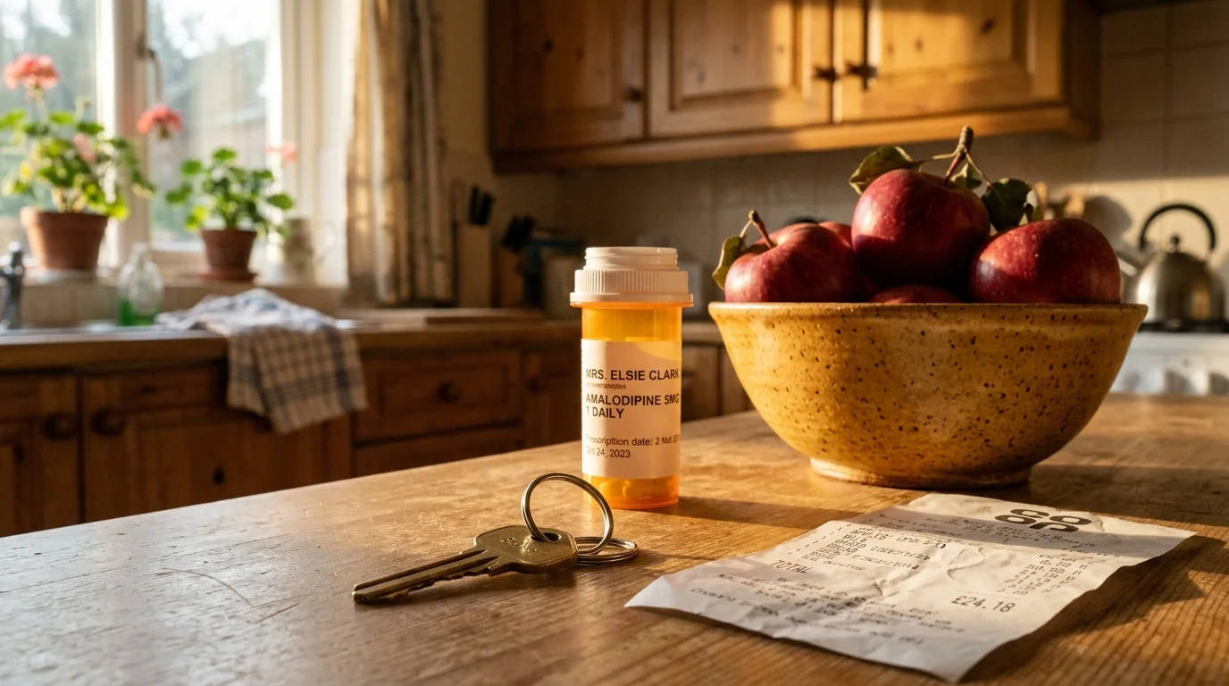 A close-up photograph of a house key, a prescription bottle, and a bowl of fresh fruit on a sunlit kitchen counter.