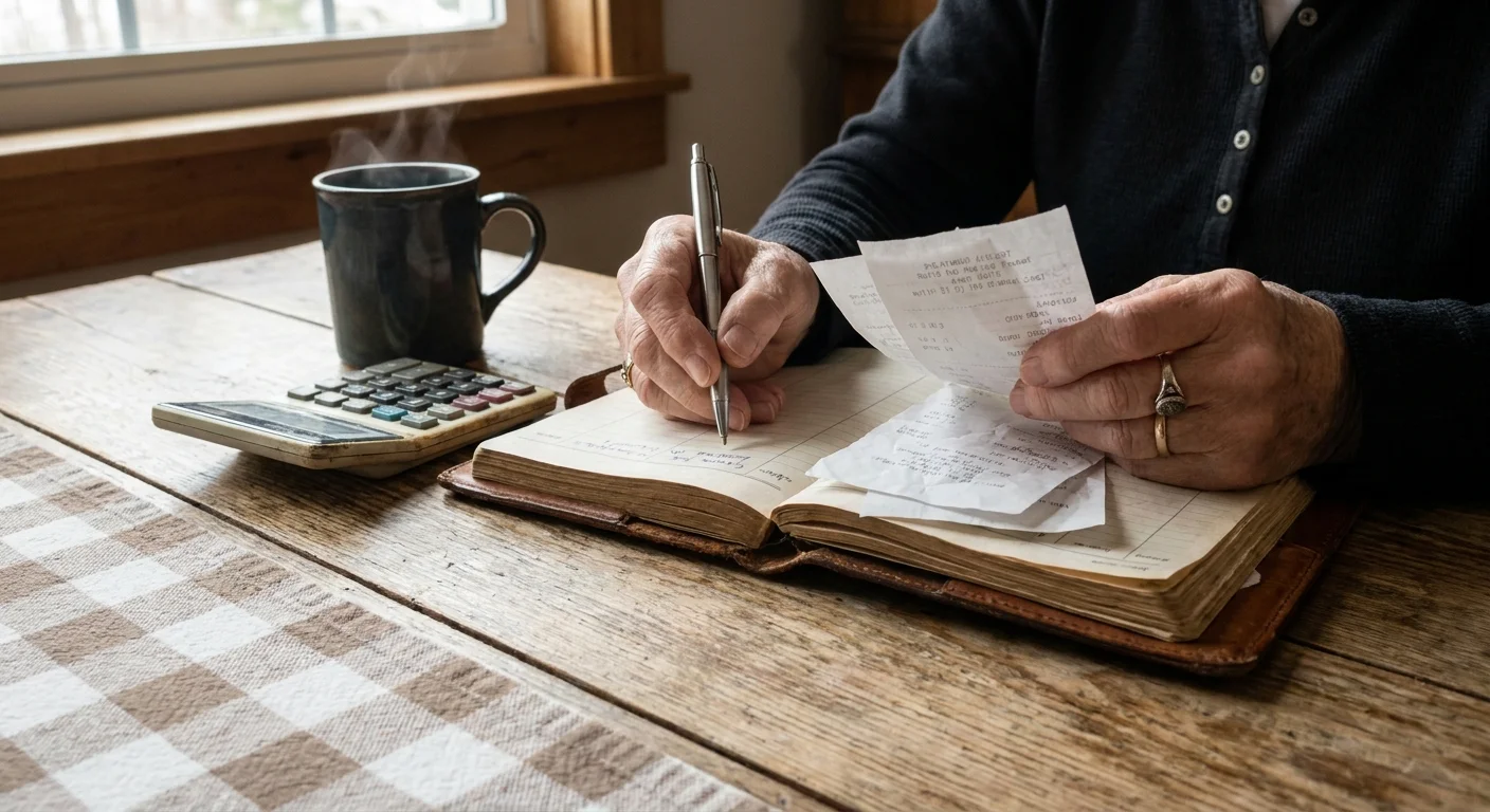 A close-up photograph of an older adult's hands sorting receipts and writing in a ledger at a warm wooden table.
