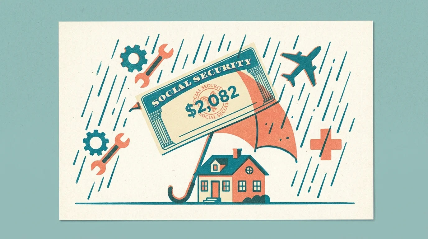 A conceptual illustration of a Social Security check acting as an inadequate umbrella shielding a home from a storm of unexpected costs.