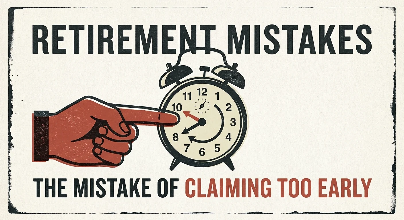A conceptual screenprint of a hand pushing back the hands of a vintage alarm clock, symbolizing early claiming mistakes.