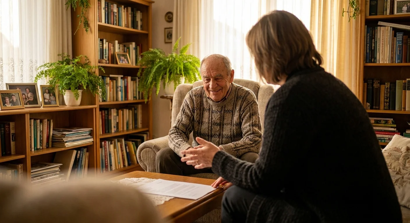 A cozy, warm photograph of an older man smiling during a comfortable meeting with a financial advisor in a book-lined room.