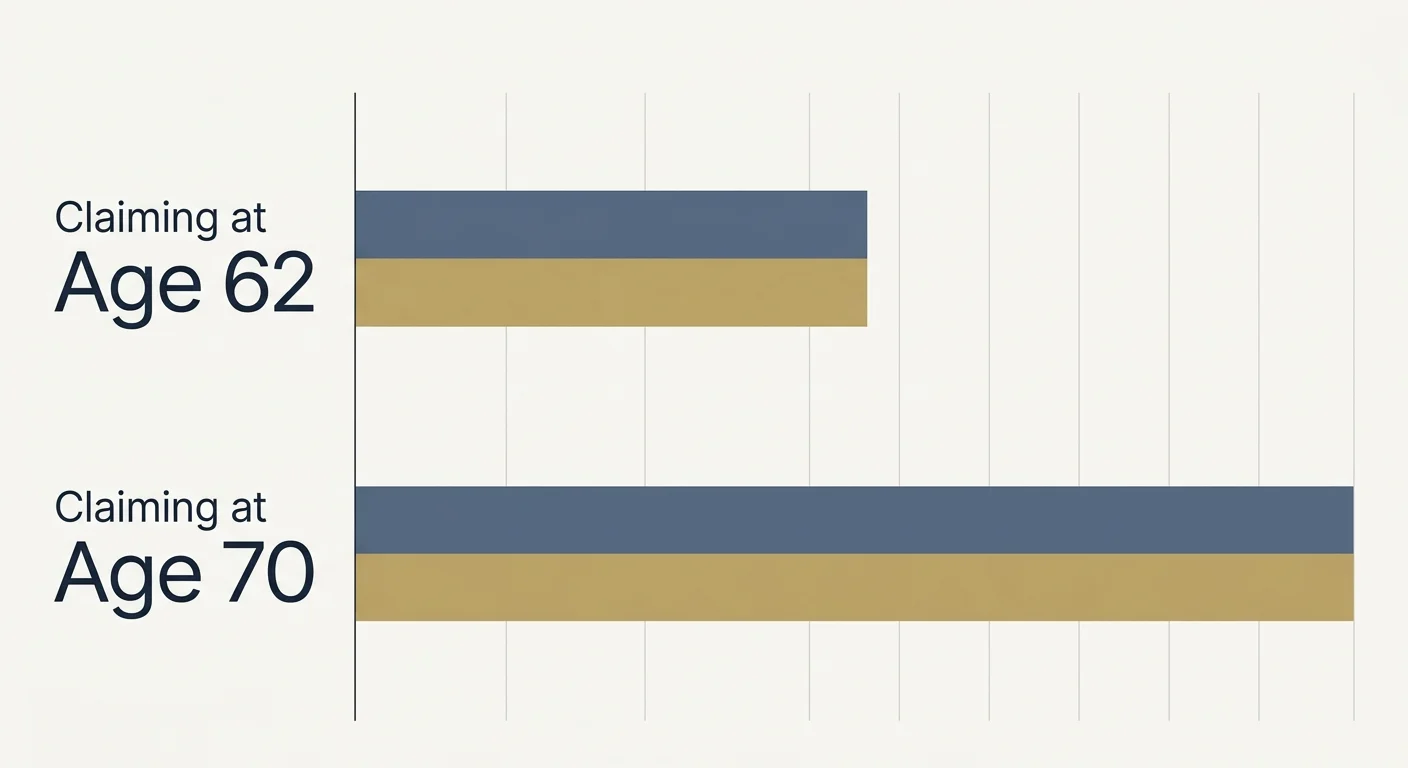 A data visualization chart showing the visual difference between claiming benefits early at Age 62 versus delayed claiming at Age 70.
