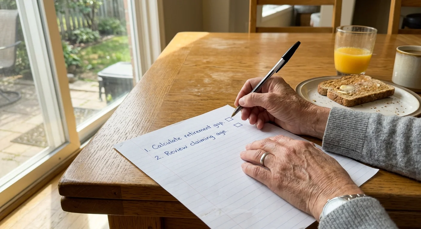 A hand-written checklist with retirement steps sits on a sunlit dining table, with a pen poised to check off the first item.