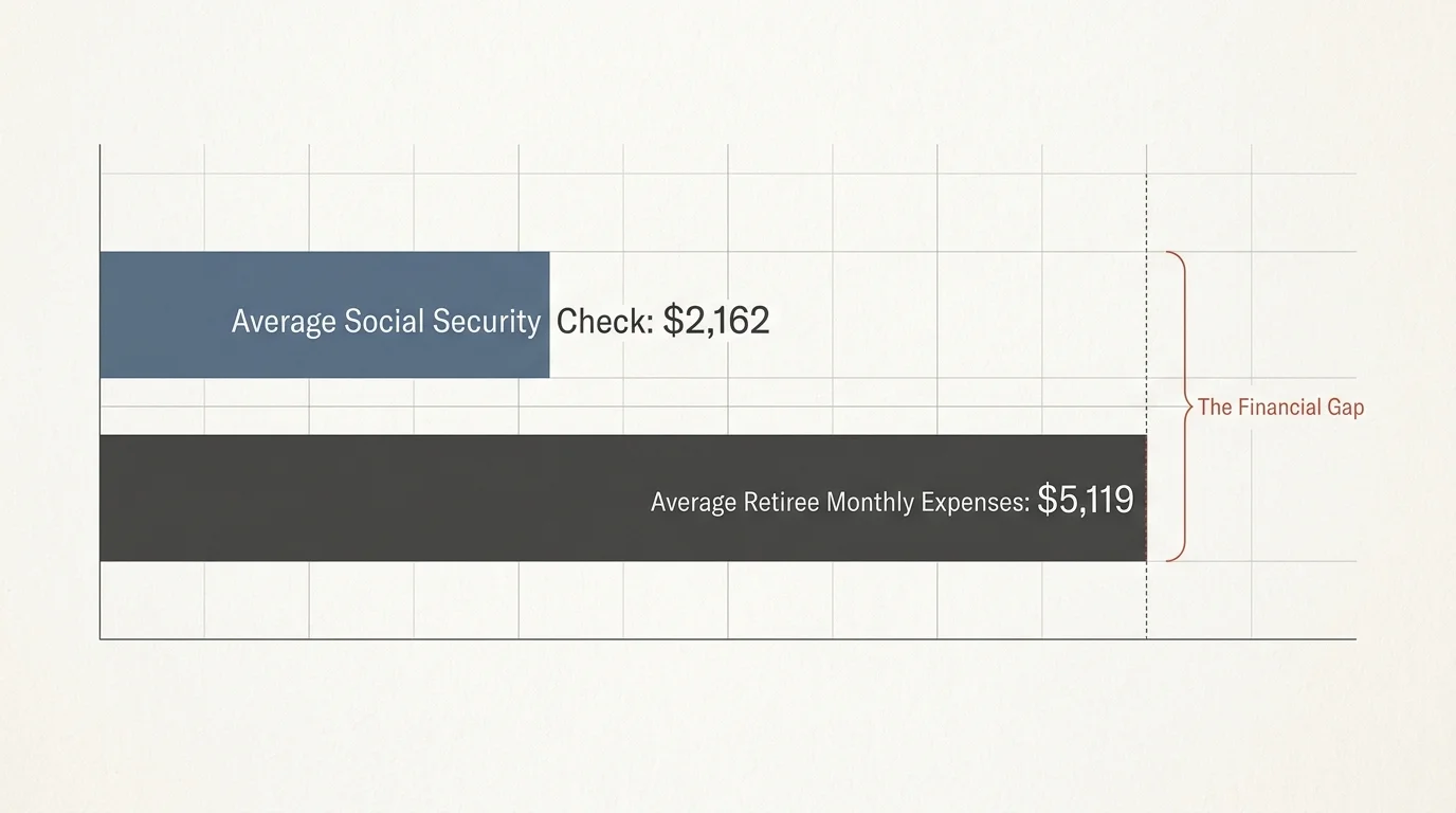 A horizontal bar chart comparing the average Social Security check of $2,162 to average retiree monthly expenses of $5,119.