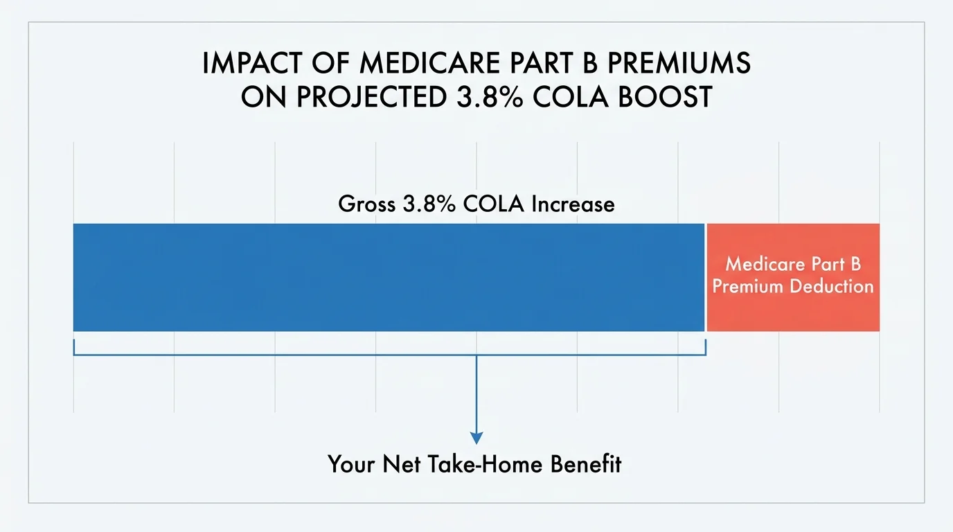 A horizontal bar chart illustrating how Medicare Part B premium deductions reduce the gross COLA increase to a smaller net benefit.