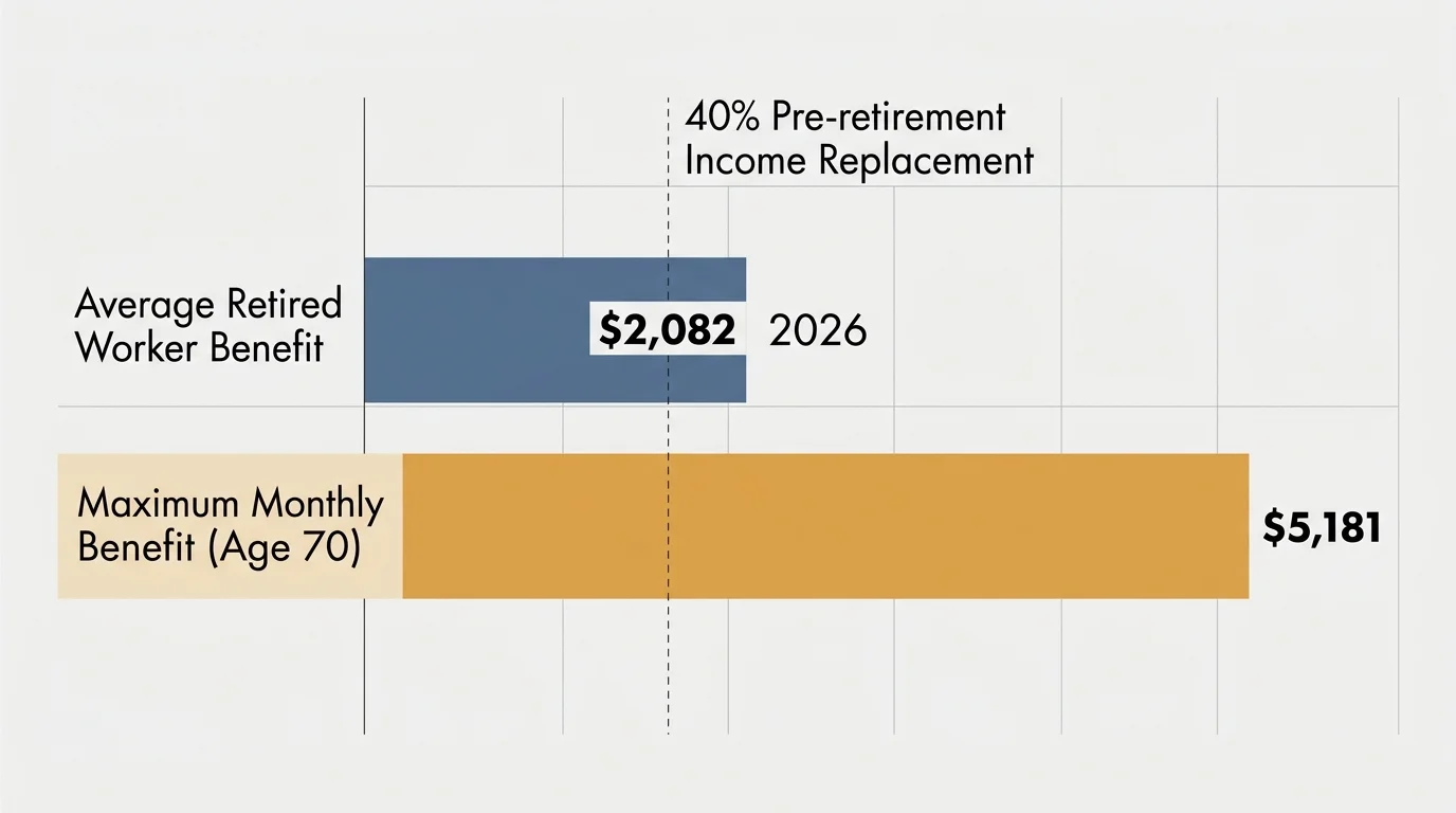 A horizontal chart comparing the 2026 average retired worker benefit of $2,082 against the maximum monthly benefit of $5,181.