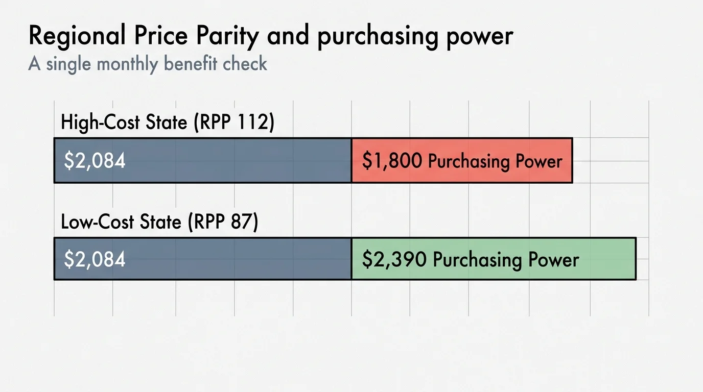 A horizontal diagram comparing the real purchasing power of a $2,084 check in high-cost states versus low-cost states.