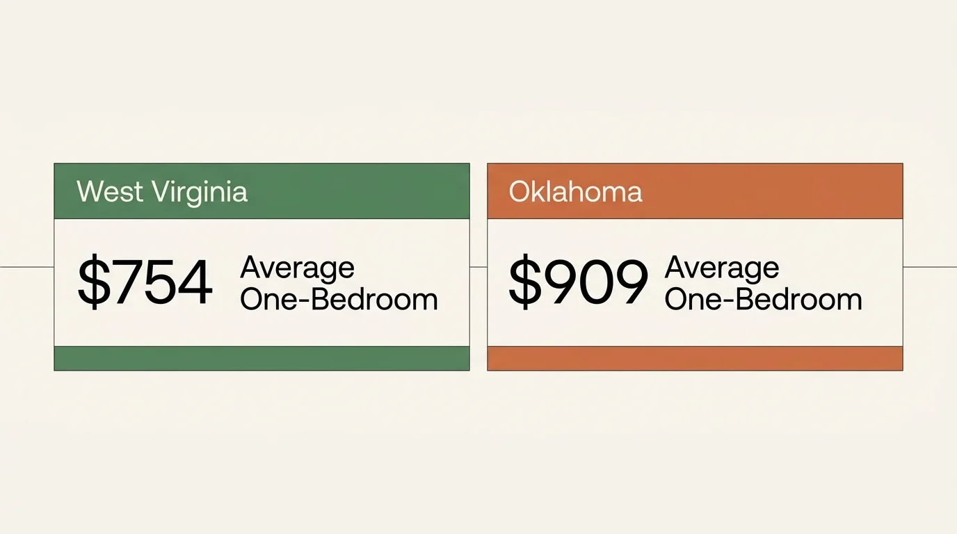 A horizontal infographic comparing rent costs, showing West Virginia at a $754 average and Oklahoma at a $909 average.