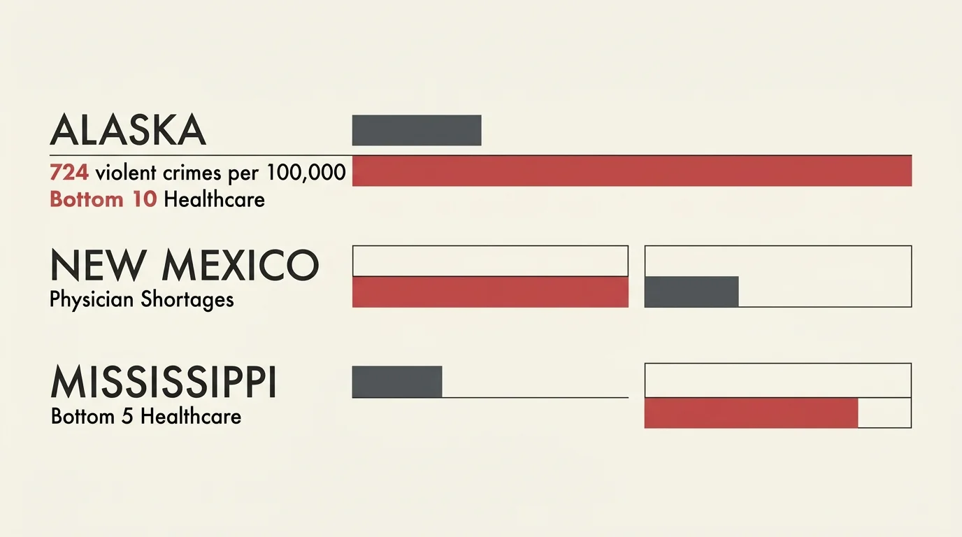 A horizontal infographic comparing risk factors in Alaska, New Mexico, and Mississippi using flat colors and bold typography.