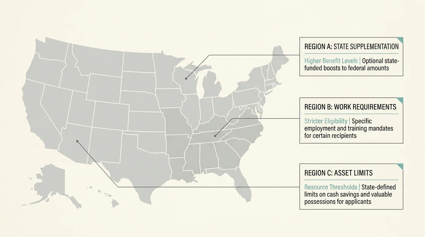 A horizontal minimalist US map infographic with callout boxes highlighting state-by-state variations in grocery programs.