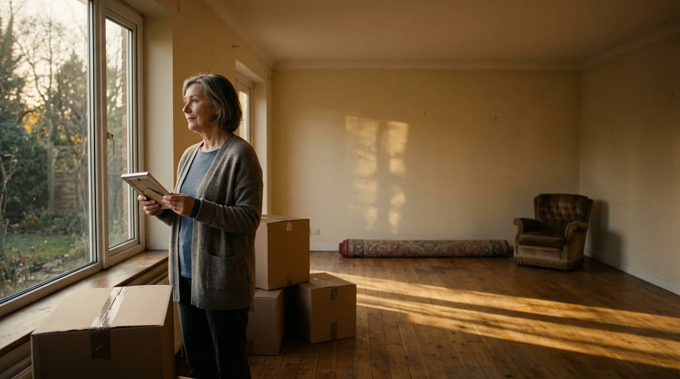 A mature woman stands in a partially packed living room next to moving boxes, looking thoughtfully out the window.