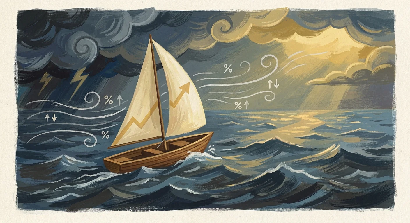 A mid-century gouache illustration of a sailboat navigating choppy water and swirling winds marked with percentage symbols.