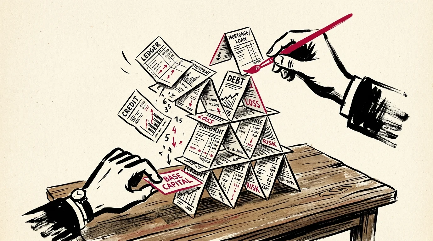 A minimalist brush-stroke illustration of hands building a house of cards out of financial ledgers as the foundation slips.