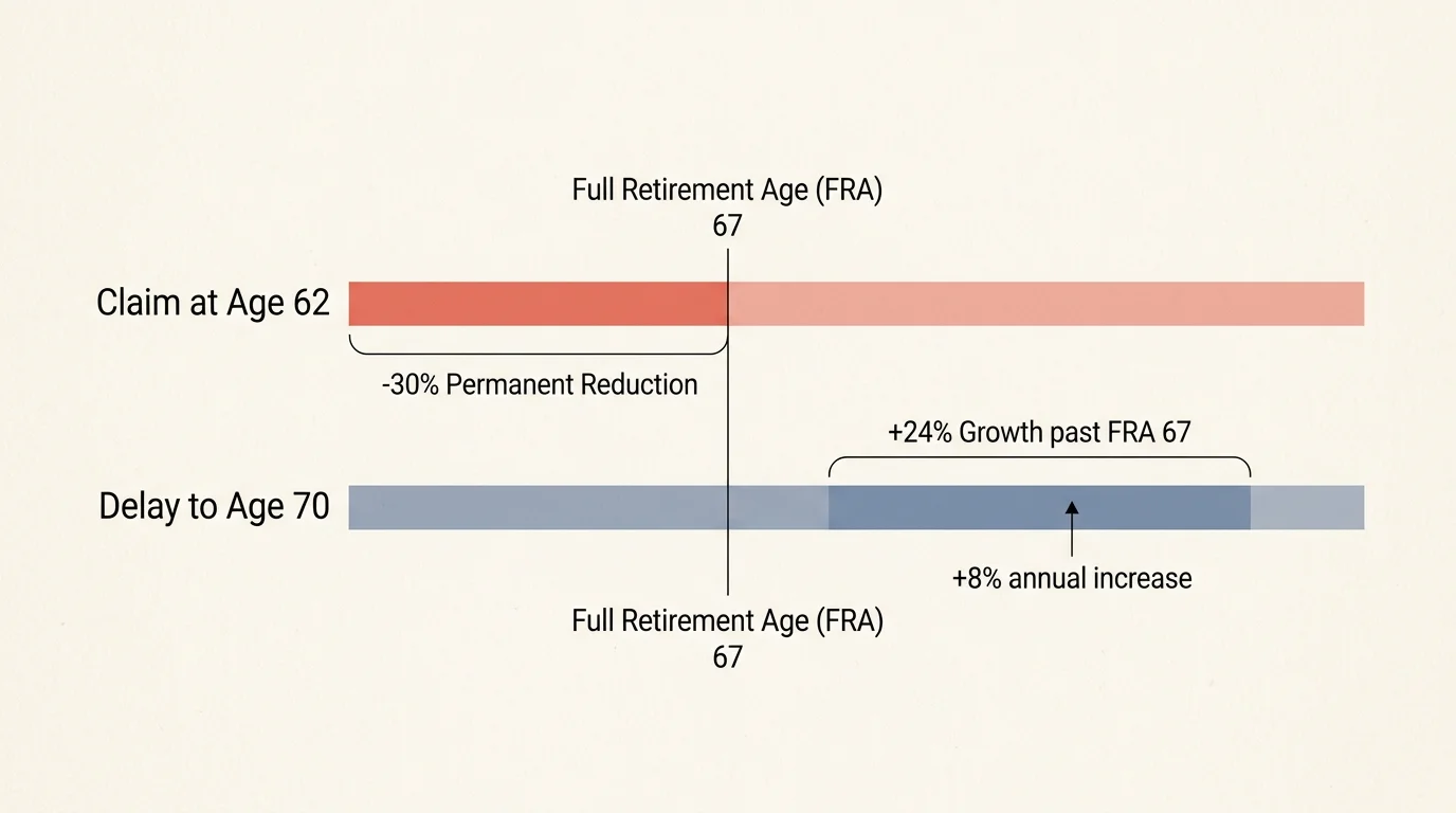 A minimalist diagram comparing Social Security claiming options, highlighting the 30 percent reduction at 62 versus growth at age 70.