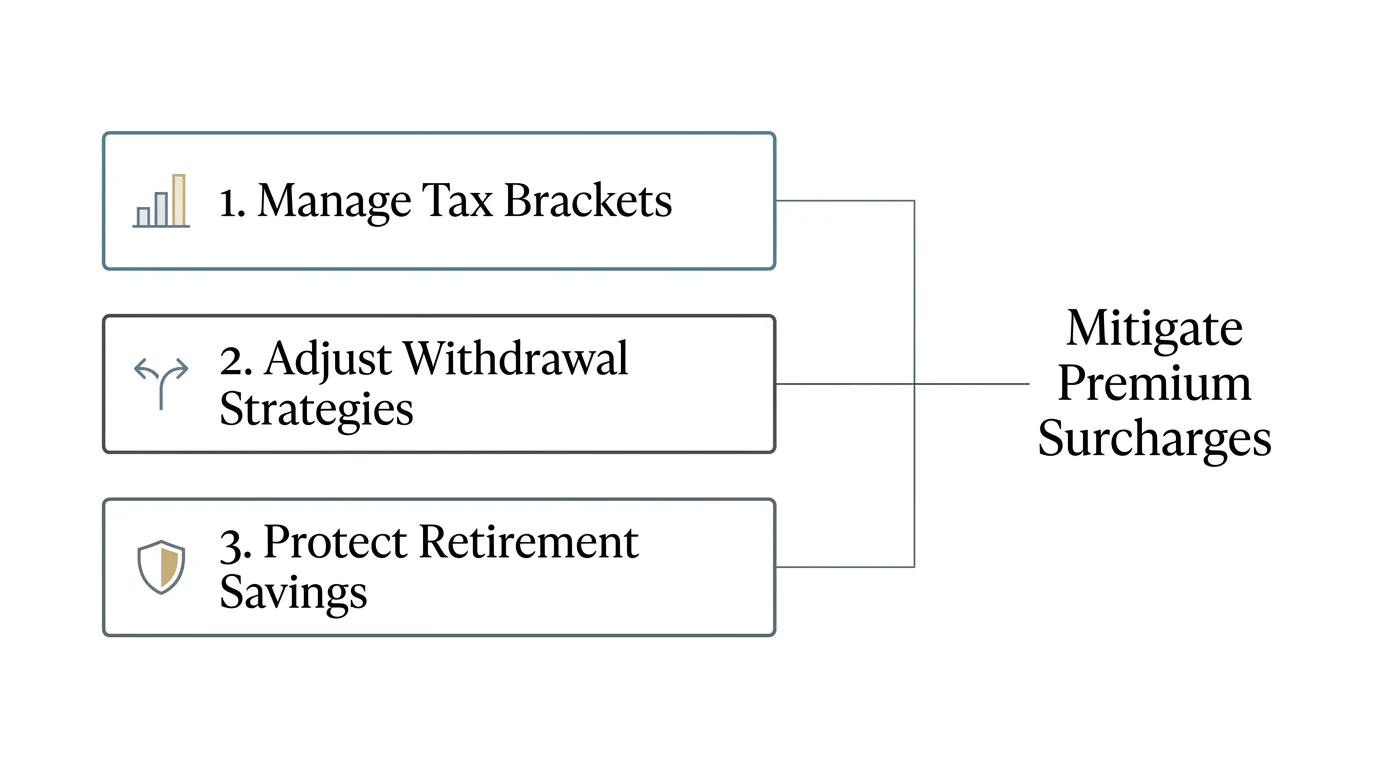 A minimalist diagram illustrating three tax planning strategies: managing tax brackets, adjusting withdrawals, and protecting savings.