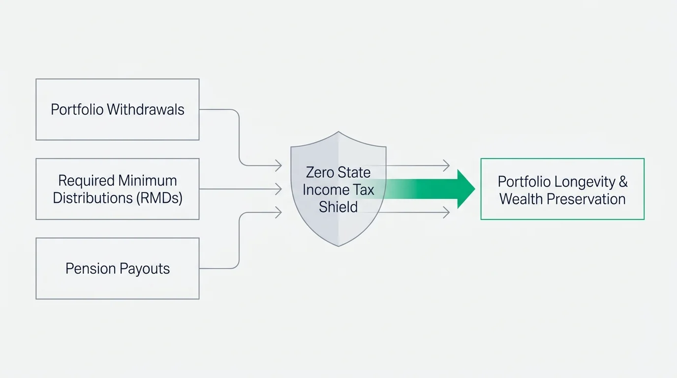 A minimalist financial diagram showing portfolio withdrawals and RMDs passing through a Zero State Income Tax Shield to achieve longevity.