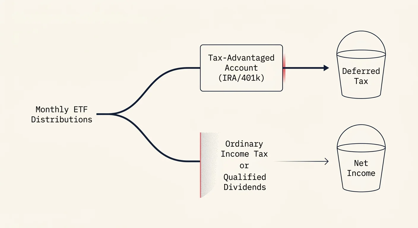 A minimalist flow diagram showing monthly dividend distributions splitting into tax-advantaged and taxable income paths.