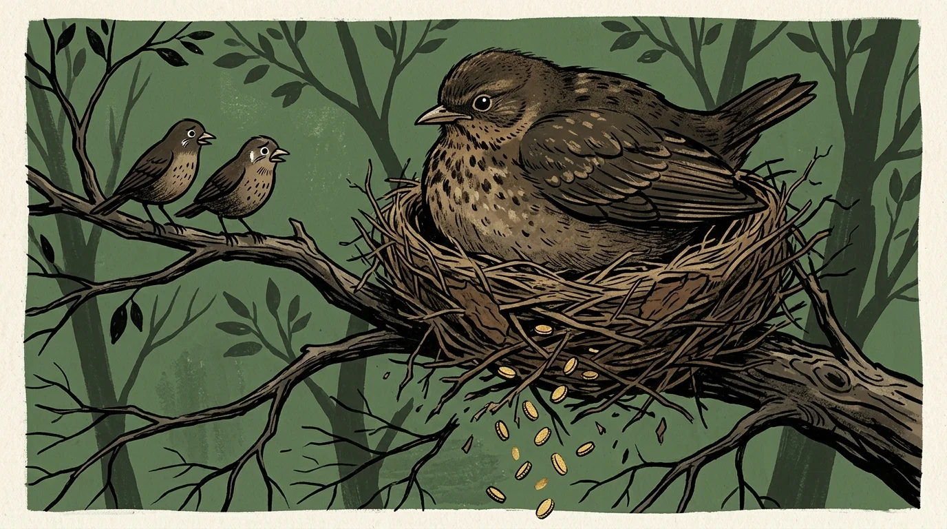 A minimalist illustration of an oversized bird cracking a nest, causing gold coins to fall through the twigs.