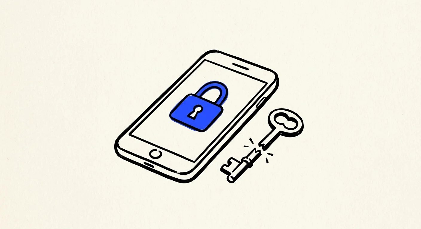 A minimalist ink drawing of a smartphone with a padlock next to a broken physical antique key.