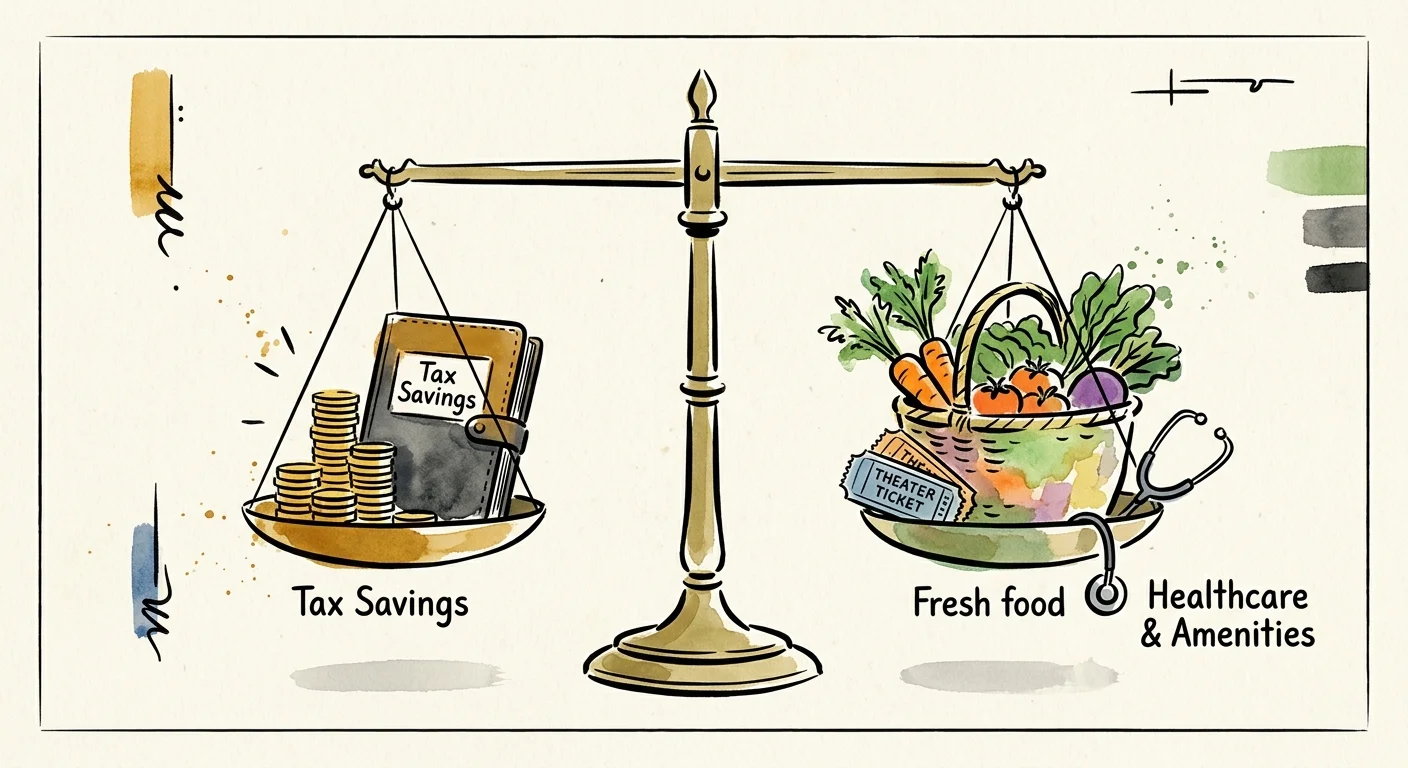 A minimalist watercolor illustration of a balance scale weighing tax savings against local healthcare and amenities.