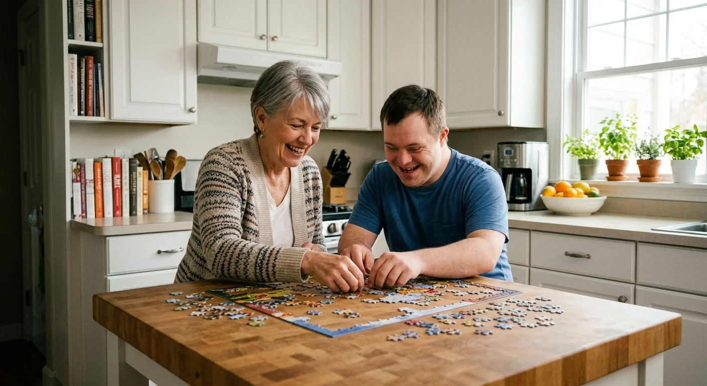 A mother and her adult son with special needs working on a jigsaw puzzle together in a sunny kitchen.