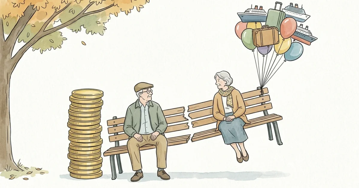 A New Yorker-style editorial illustration of a retired couple on a split bench, balanced between heavy savings and floating travel balloons.