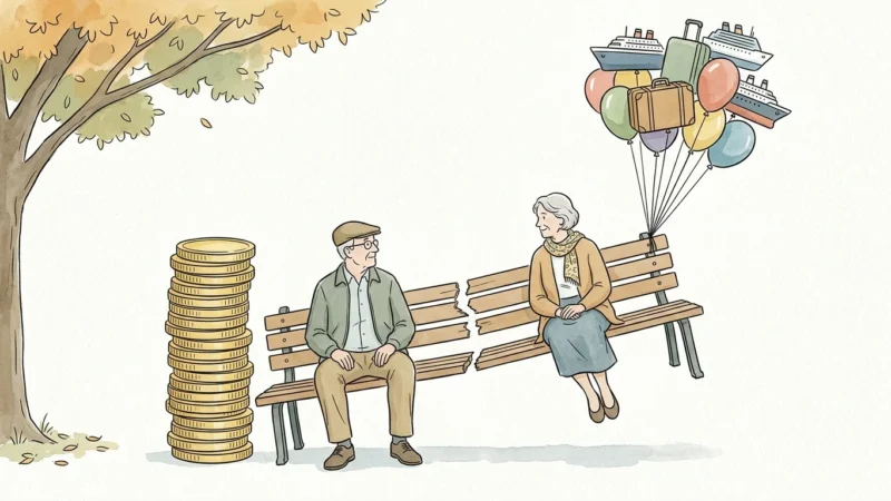 A New Yorker-style editorial illustration of a retired couple on a split bench, balanced between heavy savings and floating travel balloons.