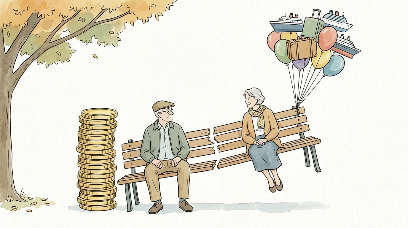 A New Yorker-style editorial illustration of a retired couple on a split bench, balanced between heavy savings and floating travel balloons.