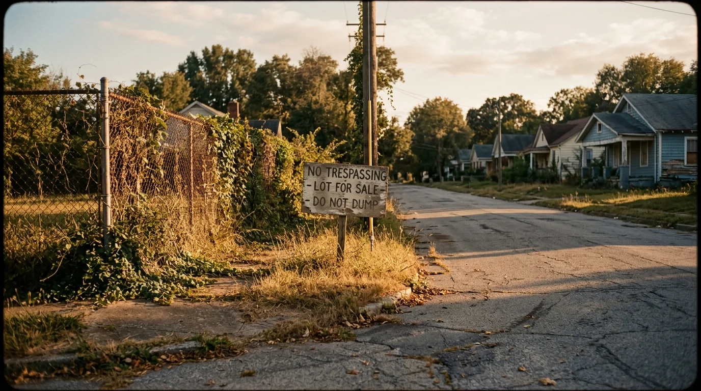 A quiet, weathered neighborhood street at golden hour with a rusted fence and dry grass, shot on warm film.