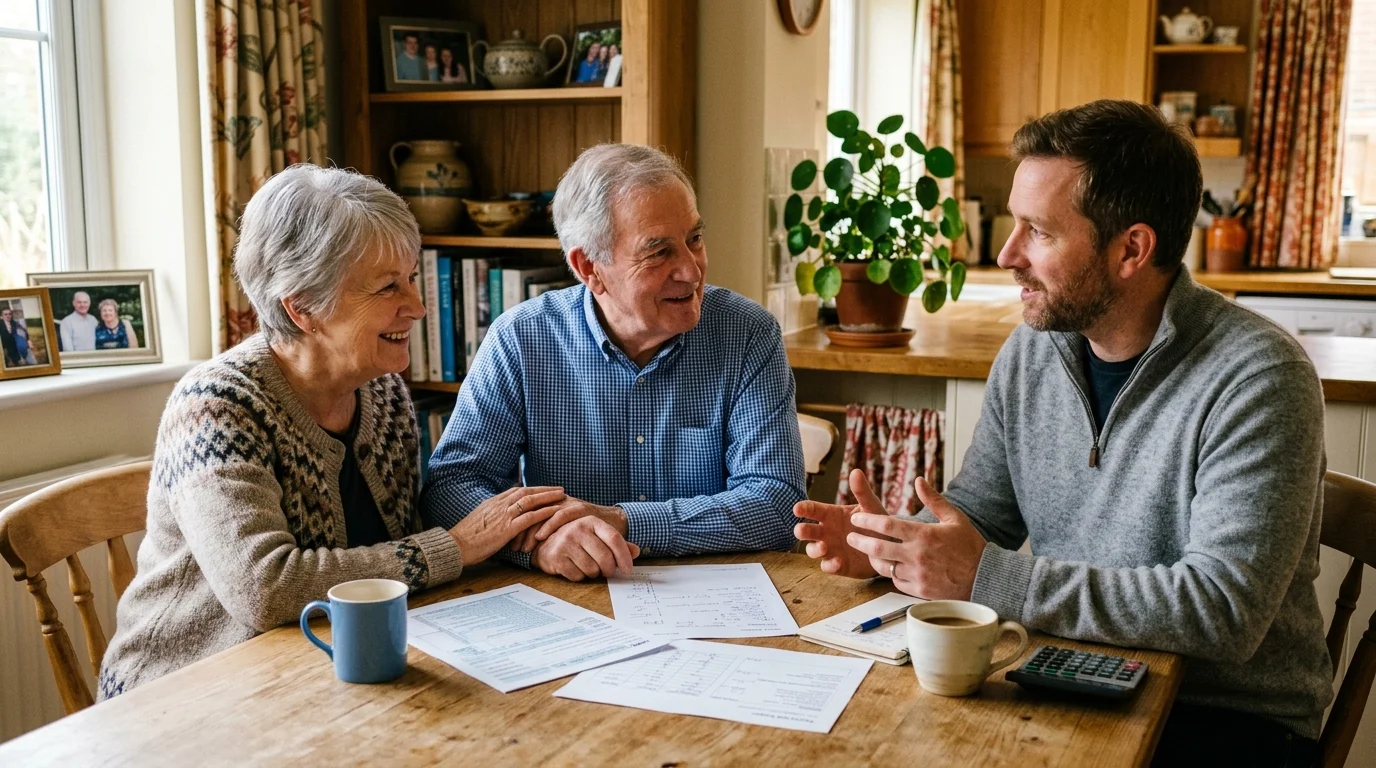A retired couple discussing their seasonal income tax planning with a financial advisor at their kitchen table in warm afternoon light.