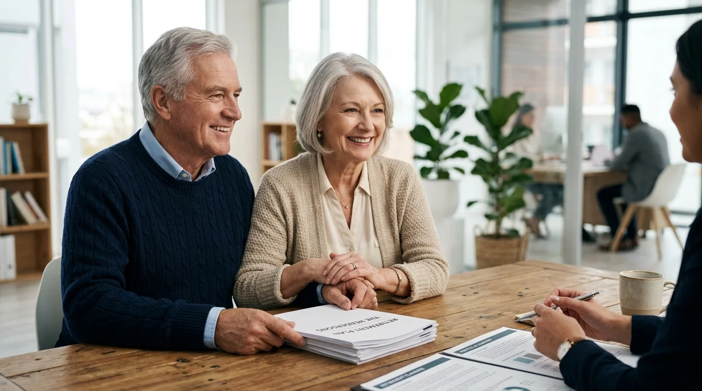 A retired couple holds hands in relief across a meeting table with a financial planner, looking resolved and at peace.