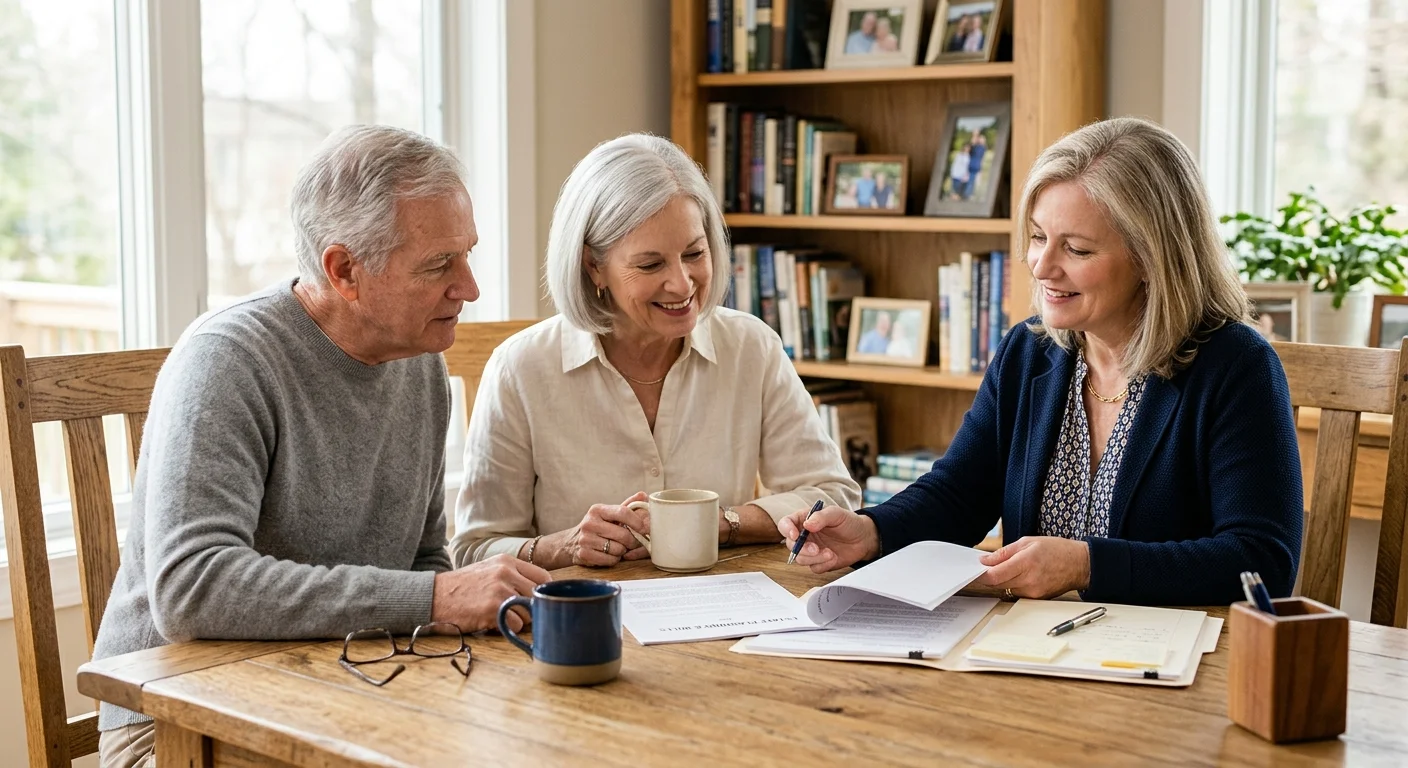 A retired couple reviews paperwork with a professional advisor at a sunlit kitchen table in a relaxed home setting.