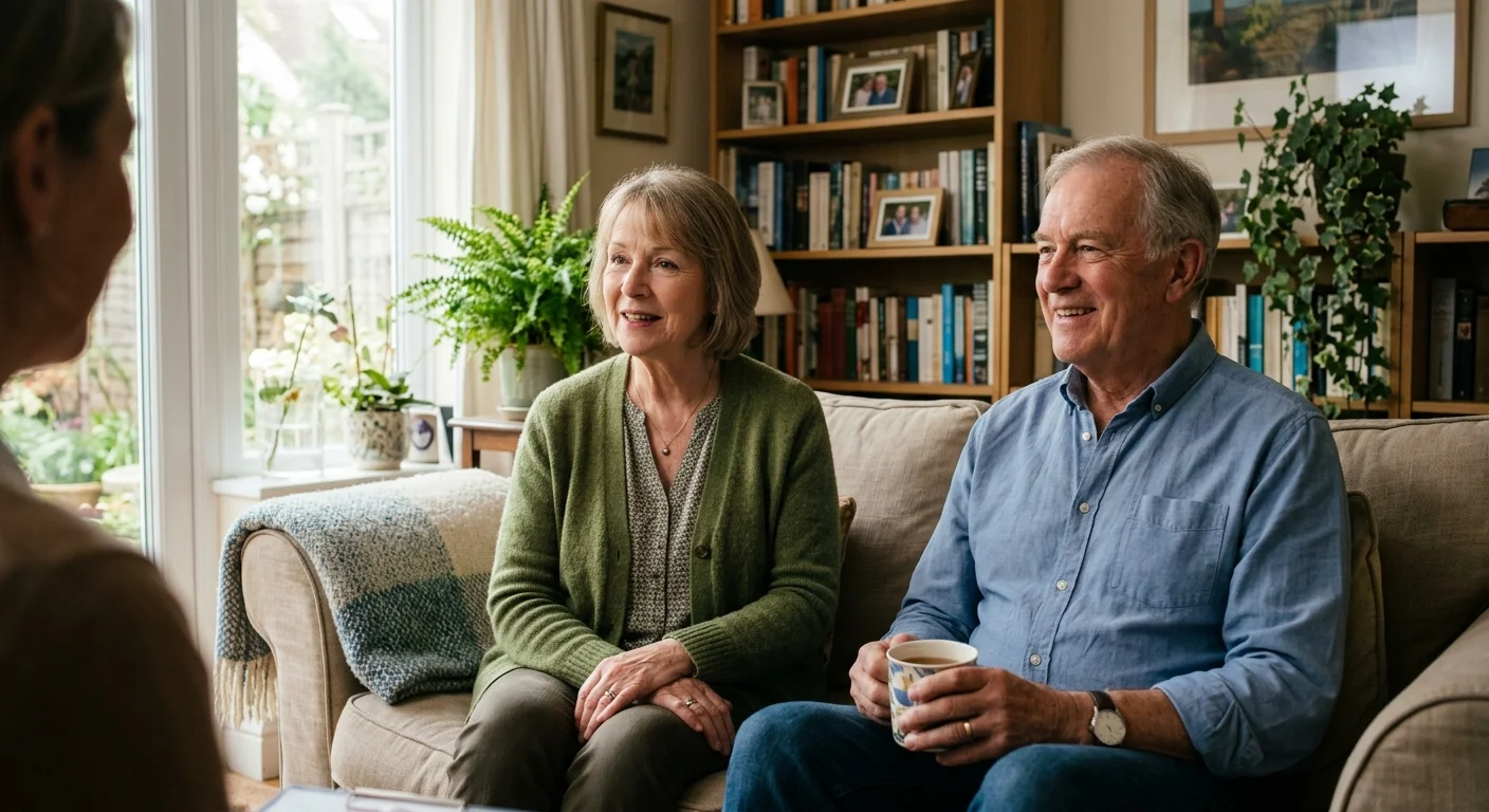 A retired couple smiles warmly during a relaxed, comfortable financial consultation in their living room.