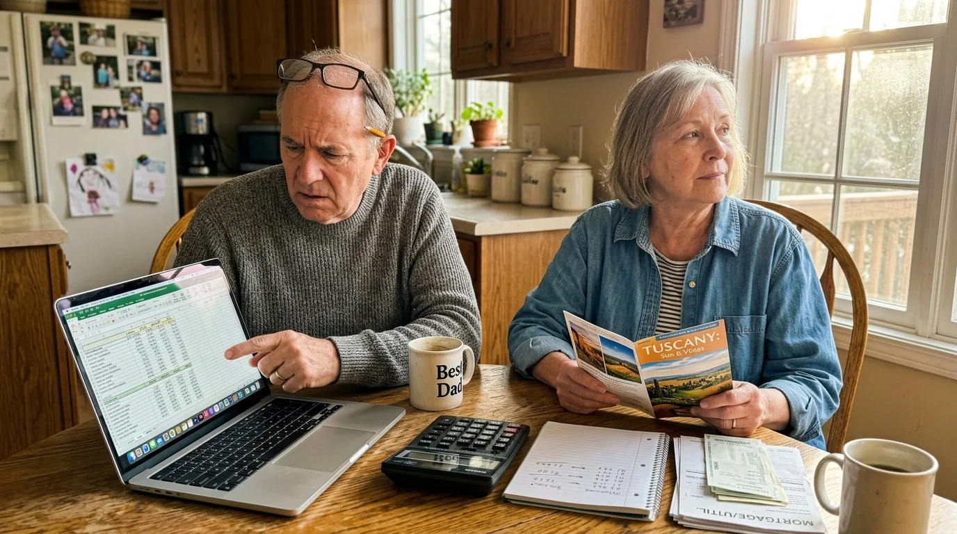 A retired husband worries over a spreadsheet at the kitchen table while his wife looks wistfully at a travel brochure.