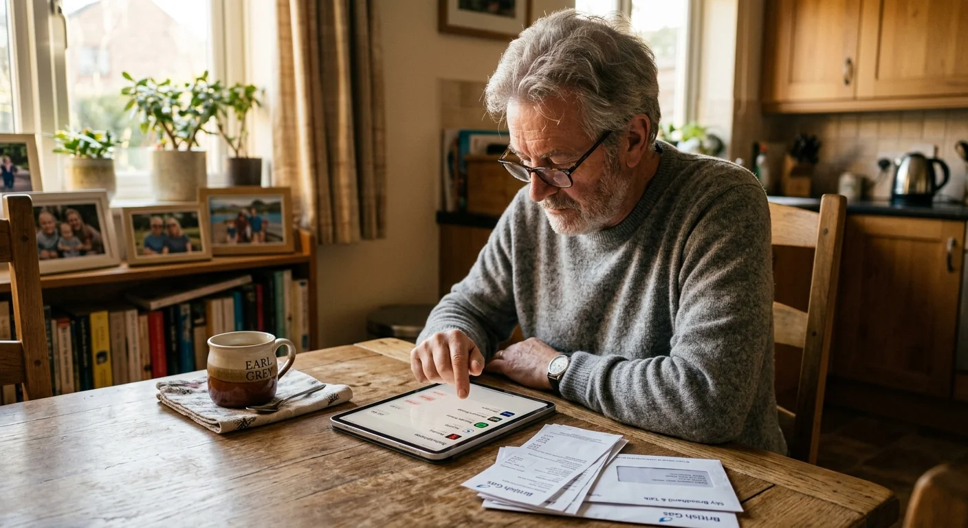 A retired man reviews bills and subscription services on a tablet at a sunlit wooden table in his kitchen.