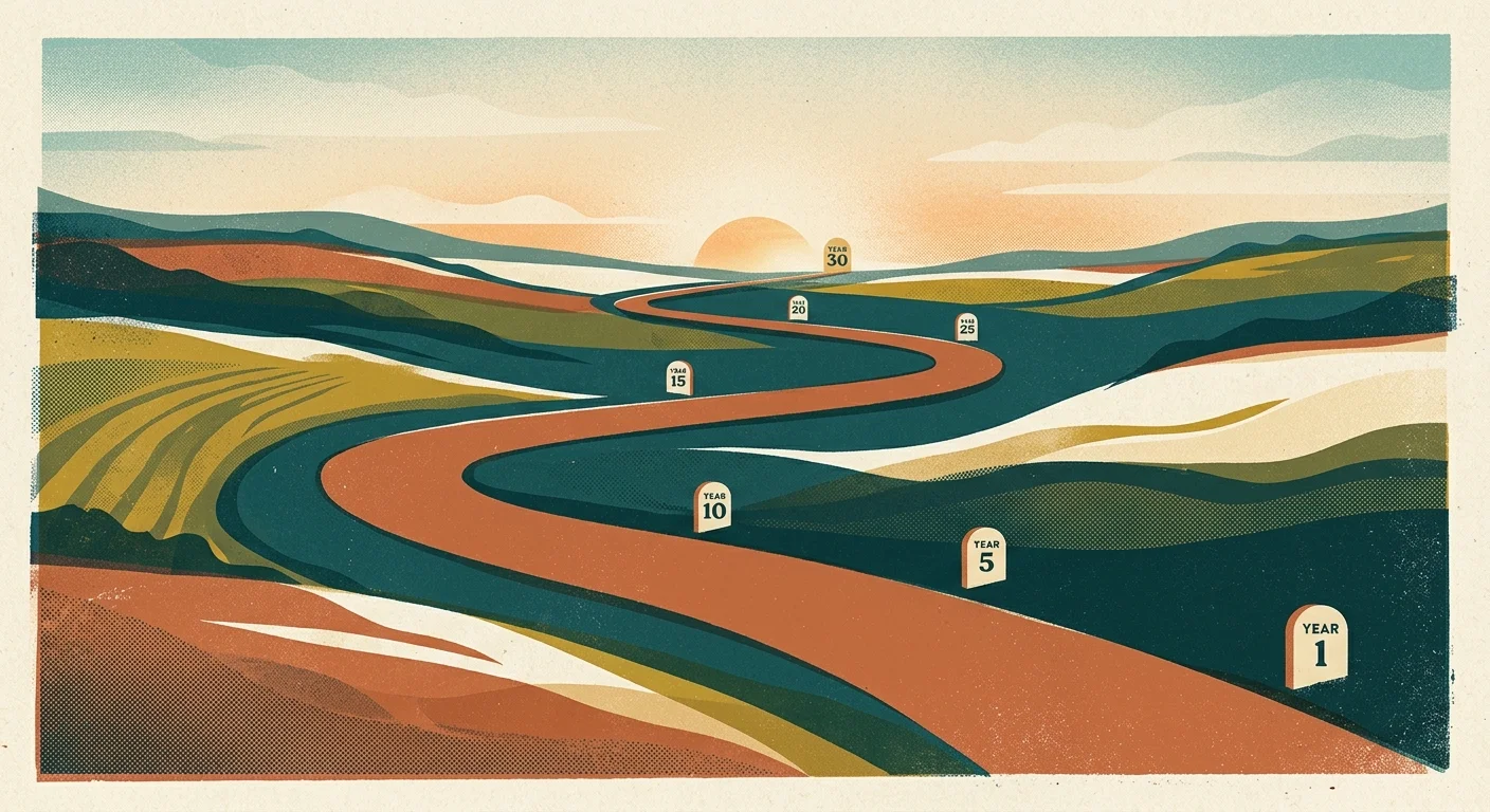 A screenprint-style illustration of a long, steady path winding across a landscape, labeled from Year 1 to Year 30.