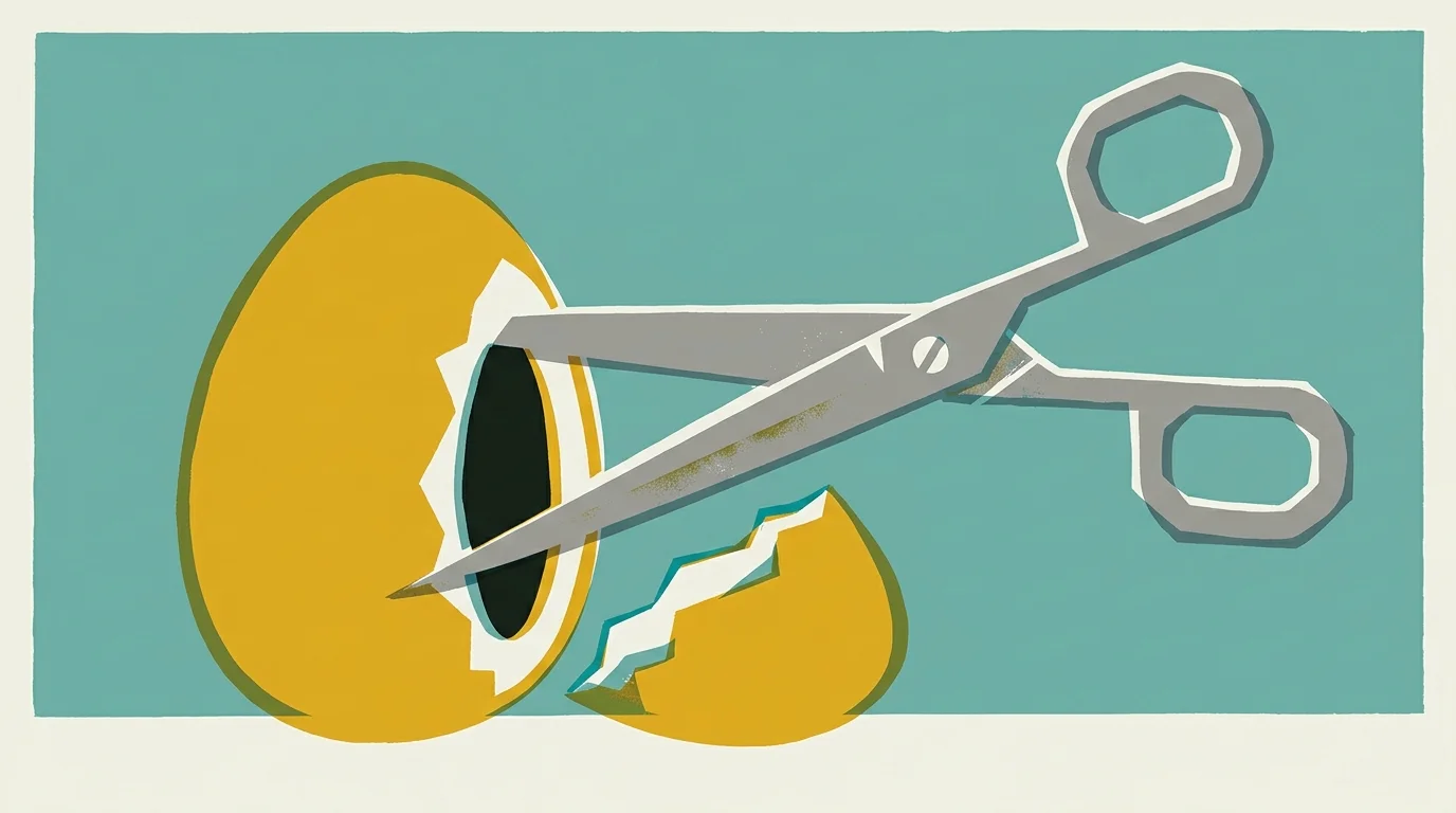A screenprint-style illustration of large scissors cutting a slice out of a golden egg, symbolizing tax burdens.