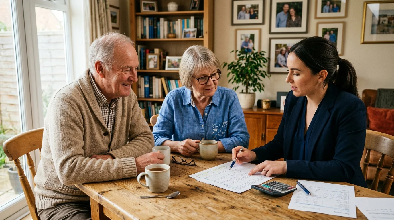 A senior couple sitting at their dining room table, reviewing financial paperwork and consulting with a friendly advisor.