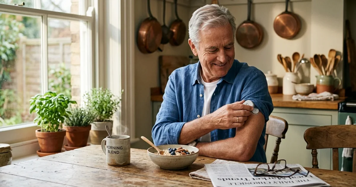 A senior man calmly checks his continuous glucose monitor at a sunlit kitchen table next to a cup of coffee and breakfast.