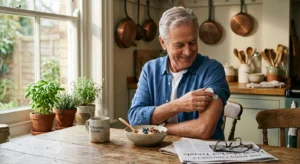 A senior man calmly checks his continuous glucose monitor at a sunlit kitchen table next to a cup of coffee and breakfast.