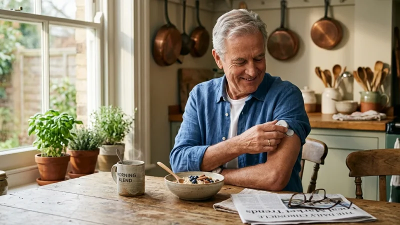 A senior man calmly checks his continuous glucose monitor at a sunlit kitchen table next to a cup of coffee and breakfast.