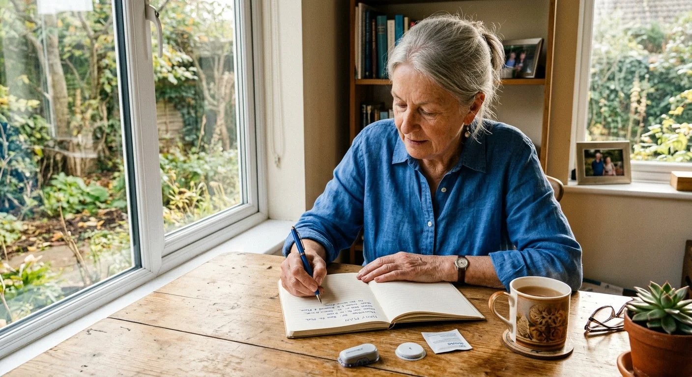 A senior woman sits at a wooden desk writing in a journal next to a continuous glucose monitor.