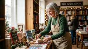 A smiling retired woman in her 60s happily arranging a holiday book display in a cozy, sunlit neighborhood bookstore.