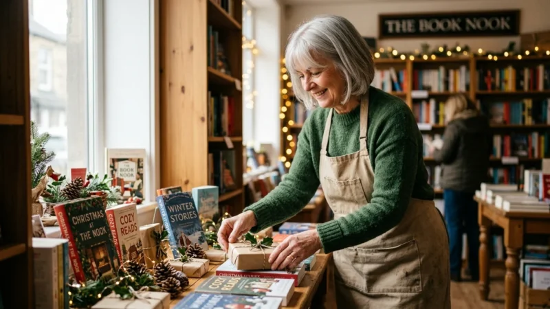 A smiling retired woman in her 60s happily arranging a holiday book display in a cozy, sunlit neighborhood bookstore.