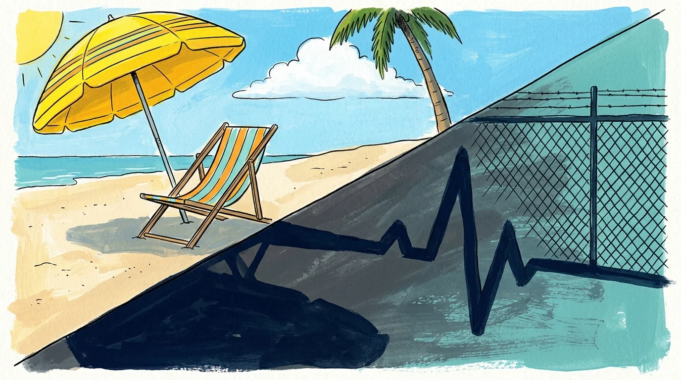 A split illustration of a sunny beach umbrella casting a shadow shaped like an EKG medical line and a security fence.